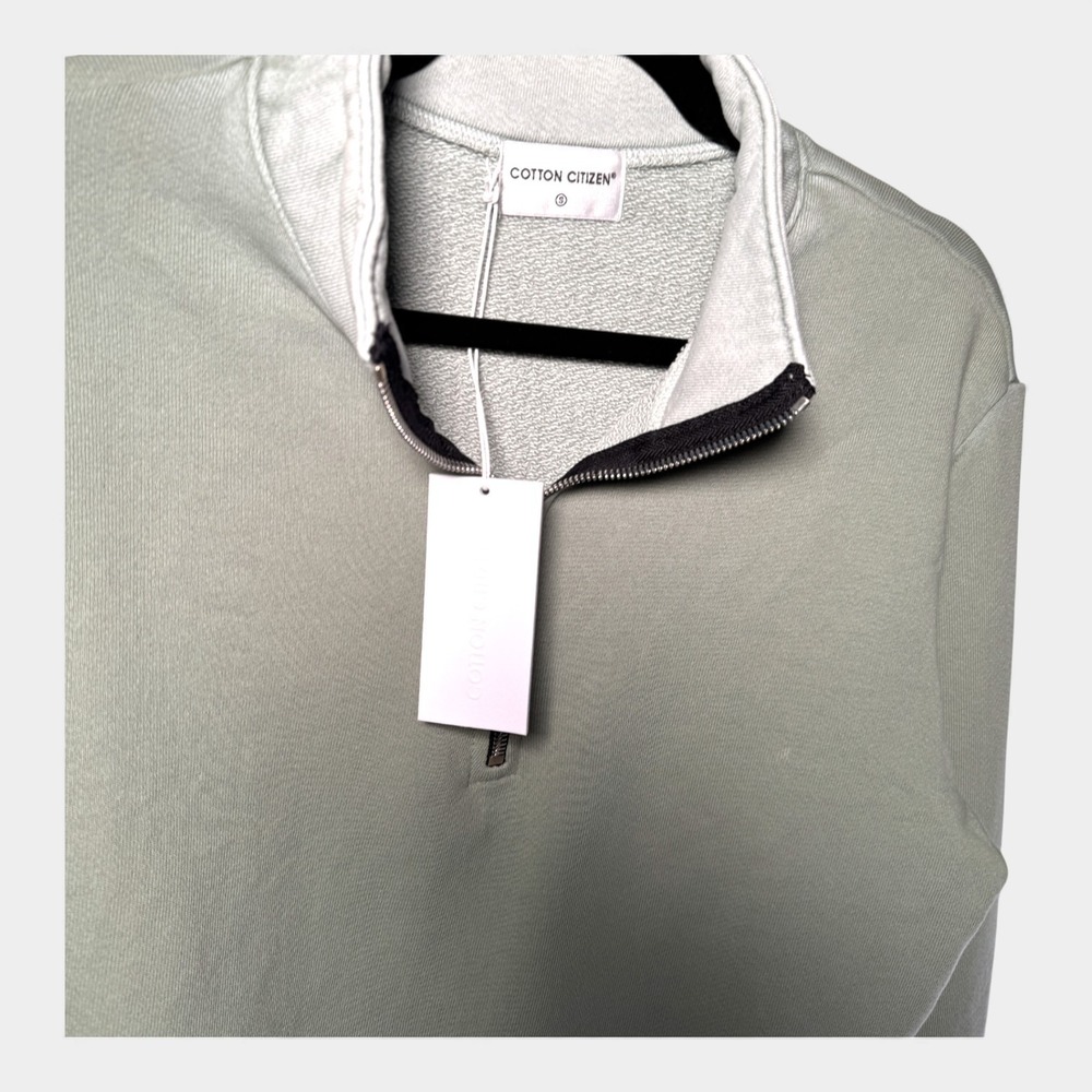 COTTON CITIZEN Cropped Quarter Zip‎ Sweatshirt Light Sage Green Raw Hem Size S - Picture 6 of 8